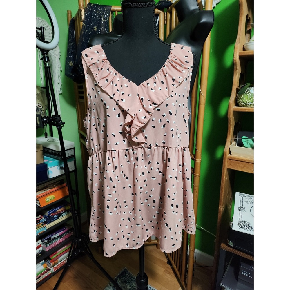 Hailey & Co Pink Abstract Print Ruffle V Neck Open Back Peplum Tank Top NEW M